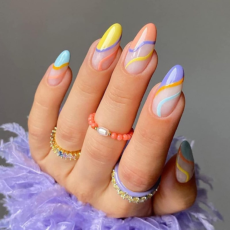 Blue, yellow, pink swirl press on nails 