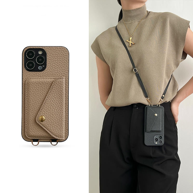 beige leather cross body strap iphone case